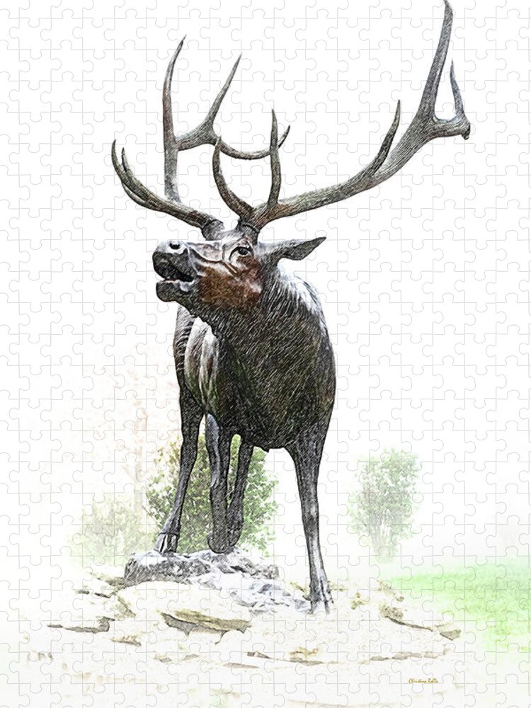 Elk Jigsaw Puzzle featuring the mixed media Bull Elk by Christina Rollo