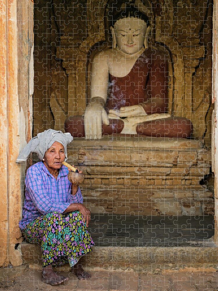 Woman Jigsaw Puzzle featuring the photograph Burmese woman relaxing at temple entrance by Ann Moore