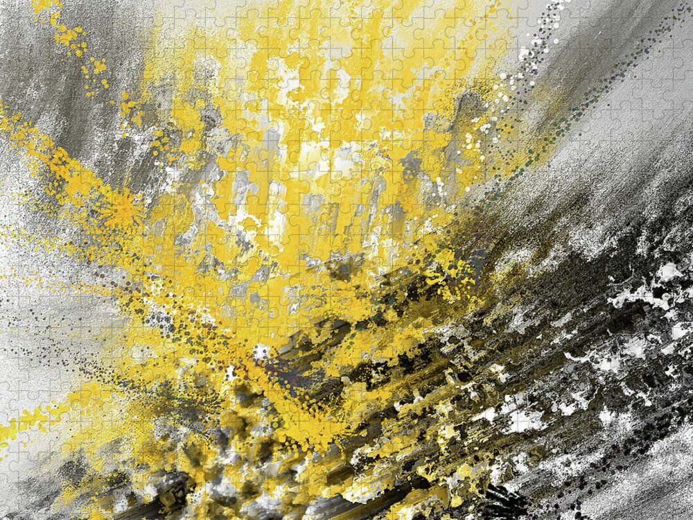 Yellow Jigsaw Puzzle featuring the painting Burst Of Sun - Yellow And Gray Contemporary Art by Lourry Legarde
