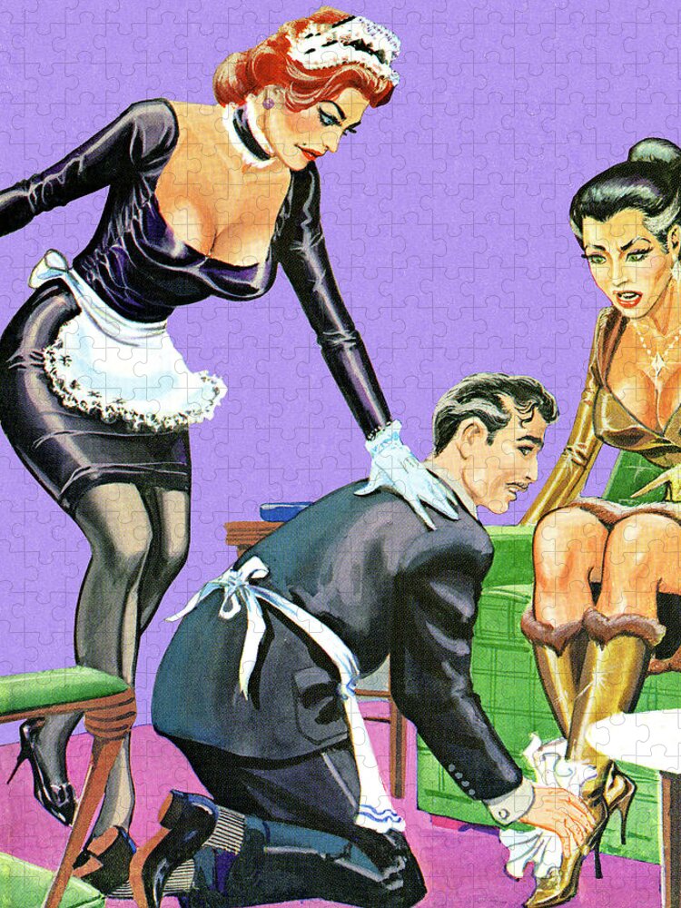 Adult Jigsaw Puzzle featuring the drawing Butler and Maid Helping Woman by CSA Images