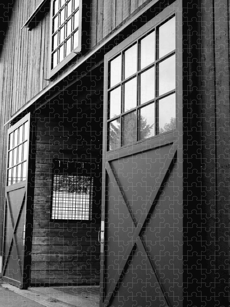 Black And White Jigsaw Puzzle featuring the photograph BW Barn Door Perspective by Mike McBrayer