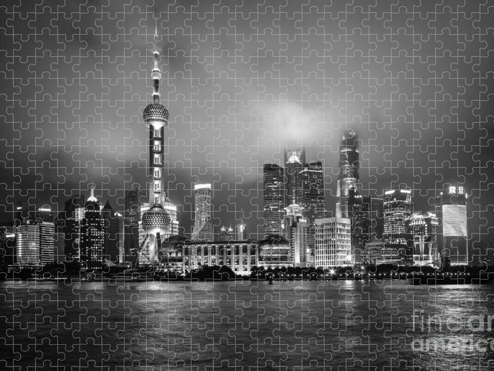  China Shanghai Jigsaw Puzzle featuring the photograph BW Skyline in Shanghai by Steven Liveoak
