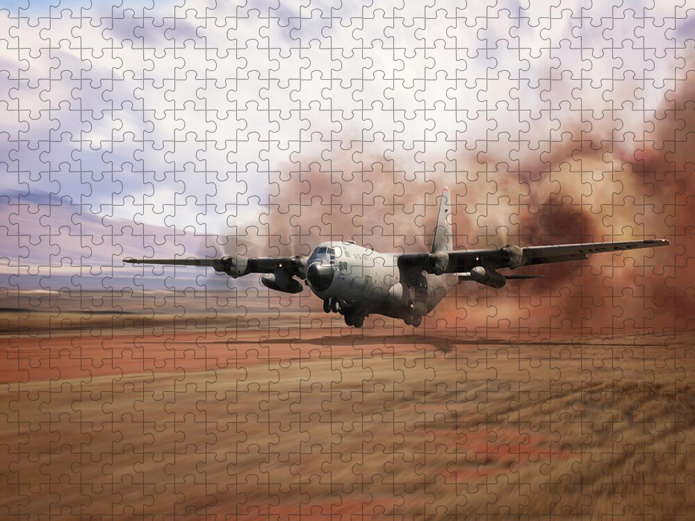 C-130 Hercules Jigsaw Puzzle featuring the digital art C130 Dirt Strip Landing by Airpower Art