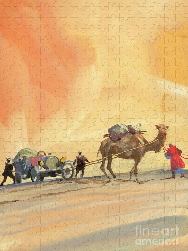 Motor; Early; Car; Driving; Paris; Adventure; Race; Automobiles; Peking; Motoring; Drivers; Charles Godard; Georges Cormier; Victor Collignon; Auguste Pons; Scipione Borghese Jigsaw Puzzle featuring the painting Camel pulling a vintage automobile by Ferdinando Tacconi