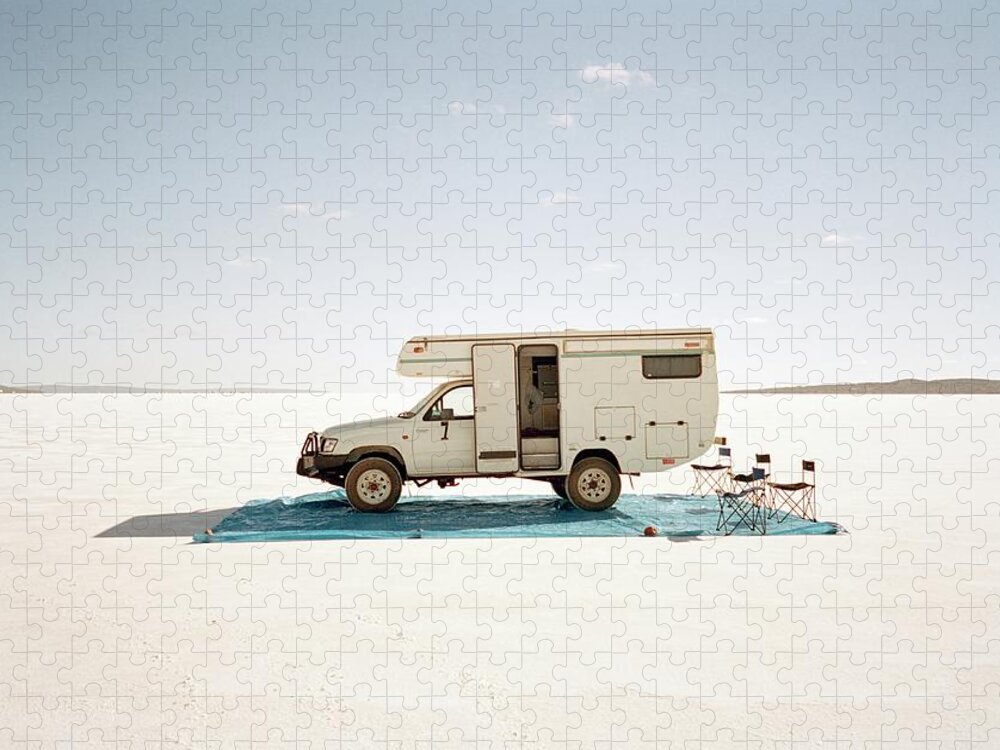 Shadow Jigsaw Puzzle featuring the photograph Camping With Motor Home On Salt Flat by Tobias Titz