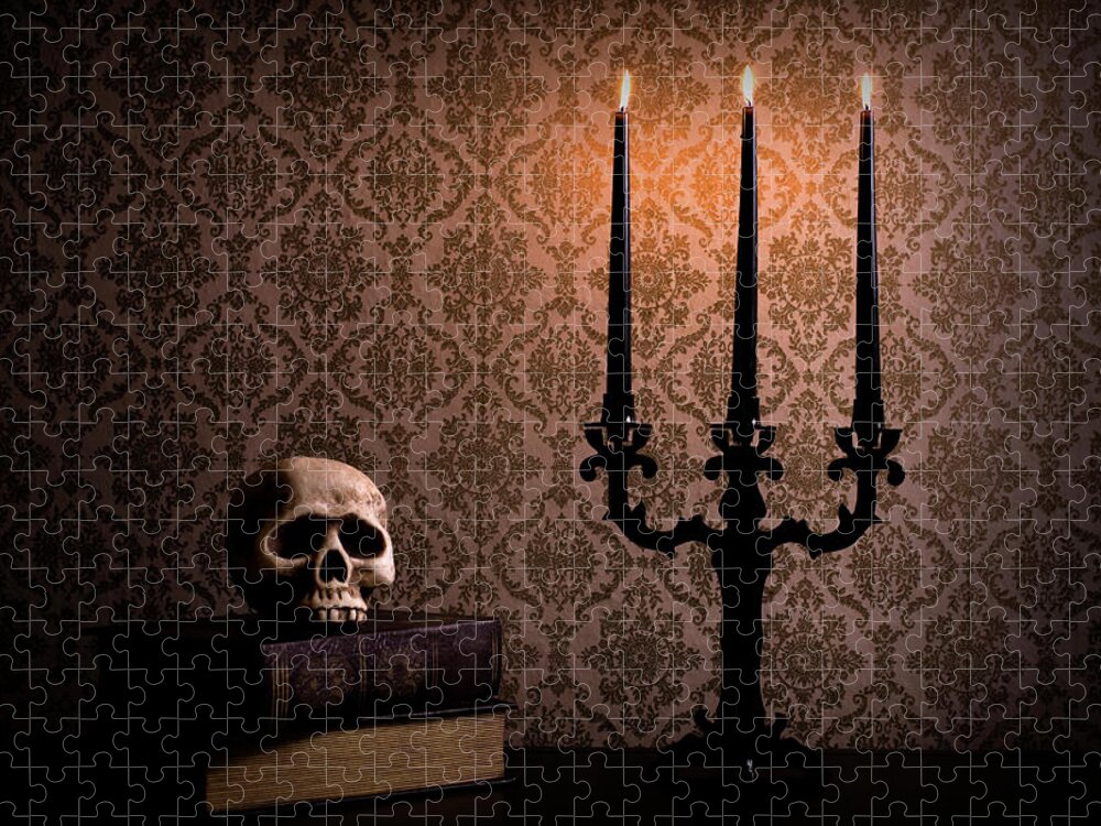 Shadow Jigsaw Puzzle featuring the photograph Candelabra With Spooky Halloween Skull by Quavondo