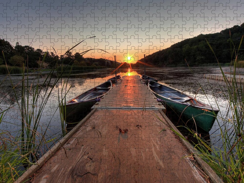 Outdoors Jigsaw Puzzle featuring the photograph Canoes On The Dock At Sunrise by Rhyman007