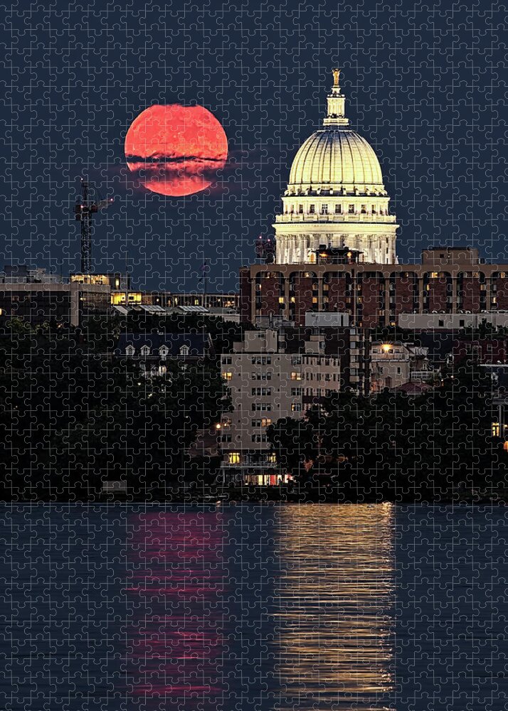 Capitol Wi Wisconsin Jigsaw Puzzle featuring the photograph Capitol Lunacy - full moon rising beside WI Capitol dome from Peninsula Point by Peter Herman
