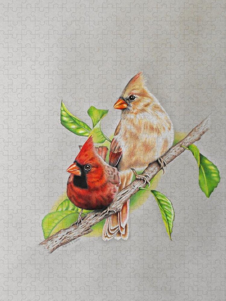 Cardinal Jigsaw Puzzle featuring the drawing Cardinal Pair by Karrie J Butler