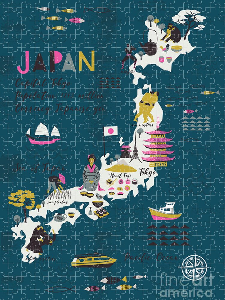 Symbol Jigsaw Puzzle featuring the digital art Cartoon Map Of Japan Print Design by Lavandaart
