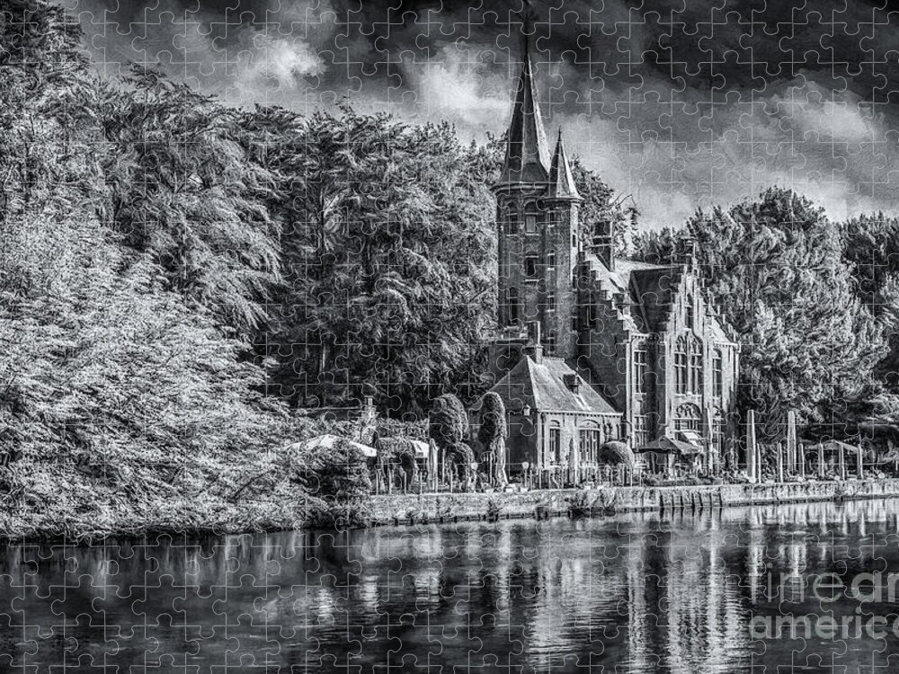 Castle Jigsaw Puzzle featuring the photograph Castle de la Faille, Bruges - Monochrome by Philip Preston