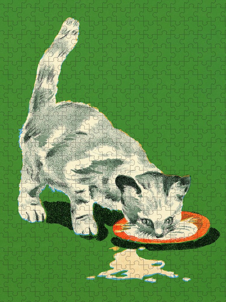Animal Jigsaw Puzzle featuring the drawing Cat Drinking Milk by CSA Images