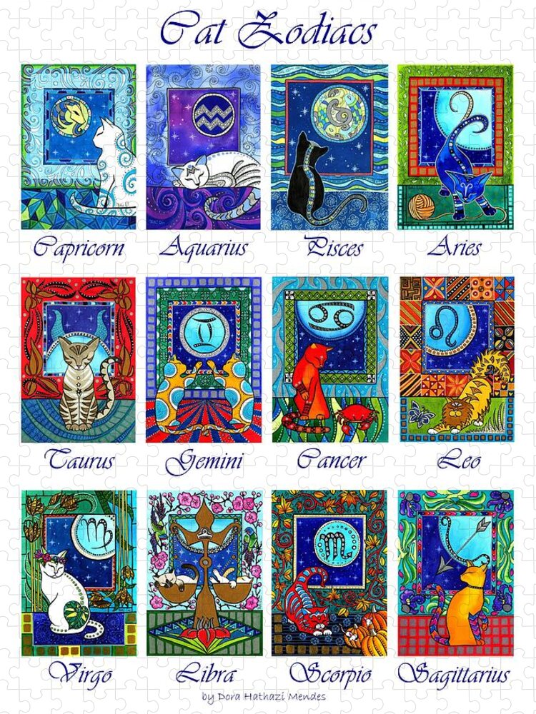 Cat Zodiac Astrology Signs Jigsaw Puzzle featuring the painting Cat Zodiac Astrological Signs by Dora Hathazi Mendes