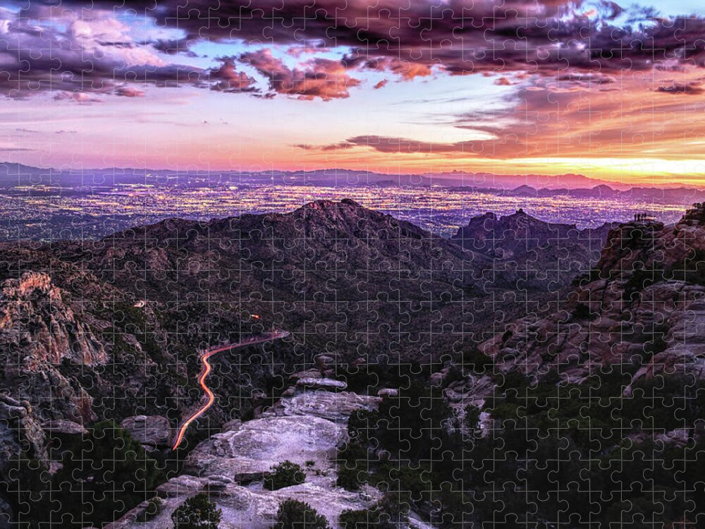 Tucson Jigsaw Puzzle featuring the photograph Catalina Highway Sunset and Tucson City Lights by Chance Kafka