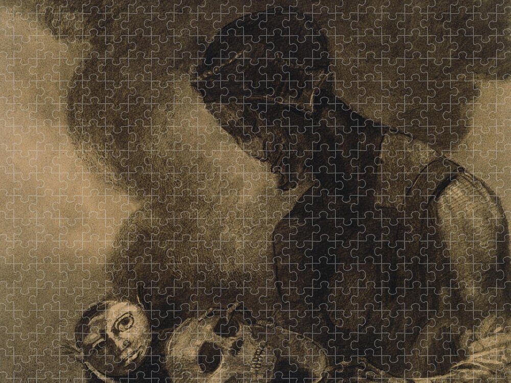 19th Century Art Jigsaw Puzzle featuring the drawing Cauldron of the Sorceress by Odilon Redon