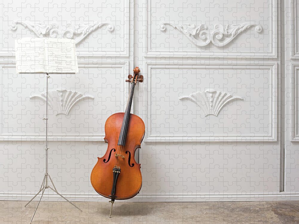 Sheet Music Jigsaw Puzzle featuring the photograph Cello And Music Stand by Image Source