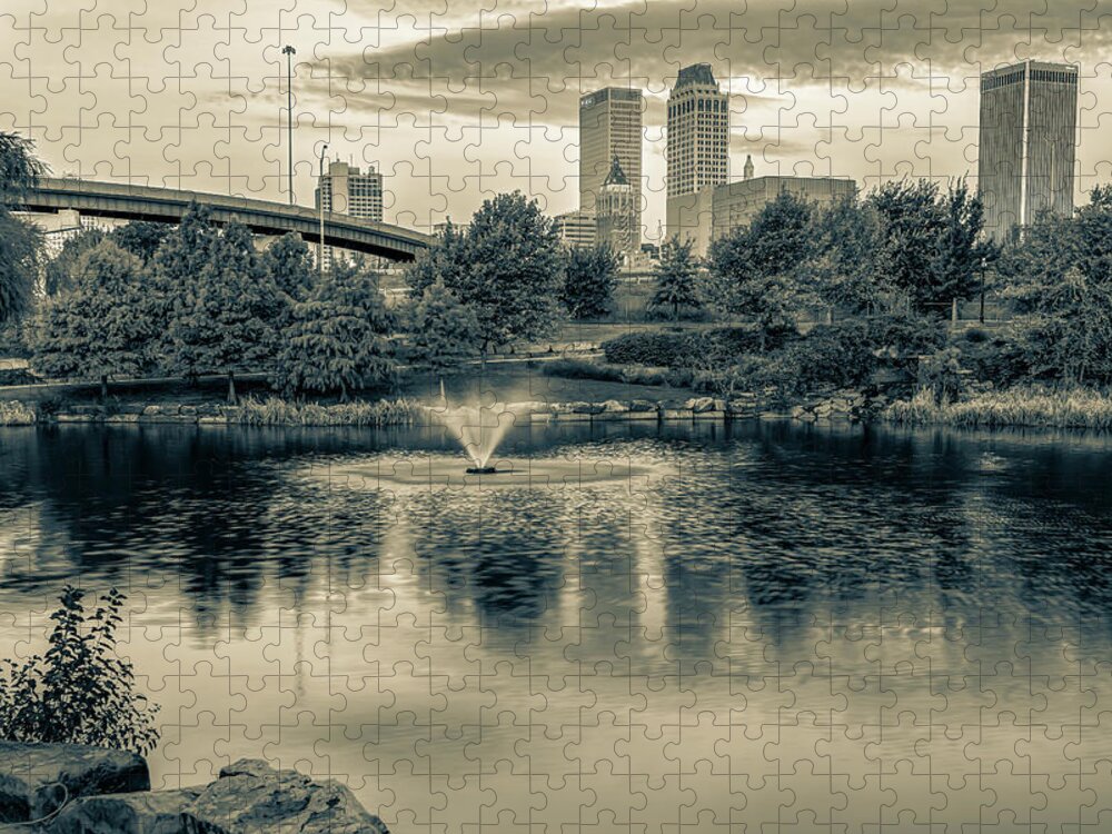 America Jigsaw Puzzle featuring the photograph Centennial Park View of Tulsa Oklahoma - Sepia Edition by Gregory Ballos