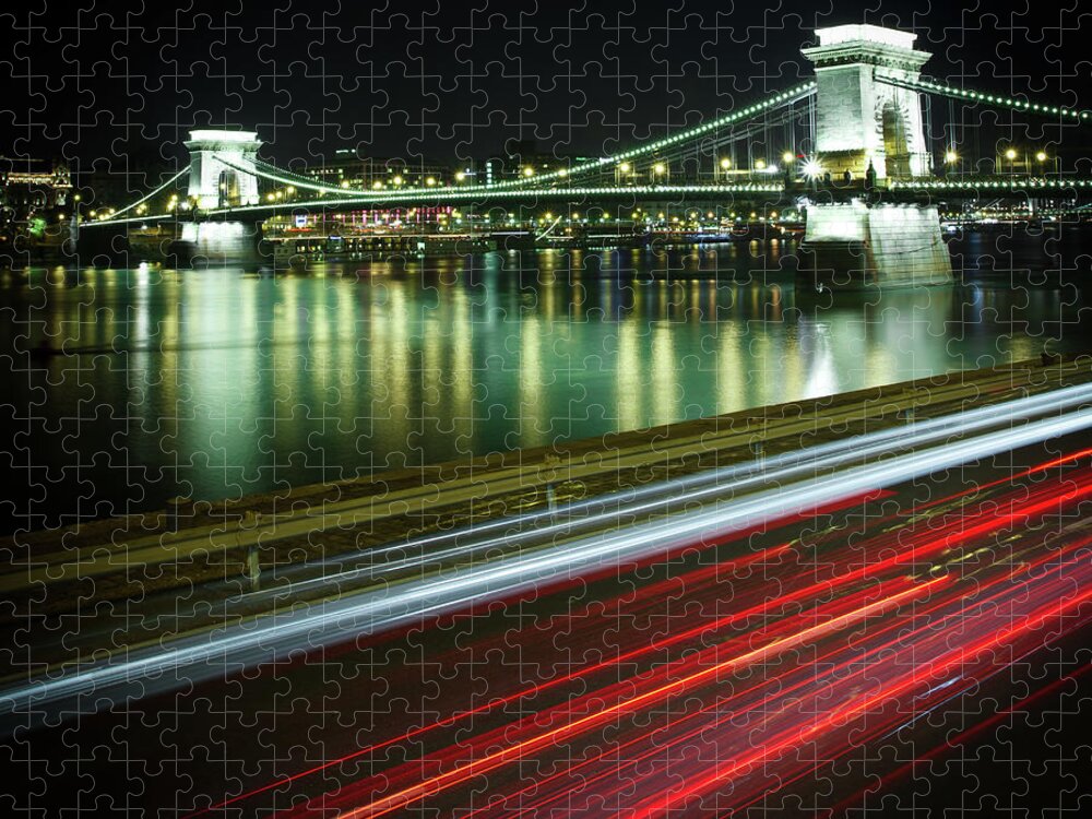 Built Structure Jigsaw Puzzle featuring the photograph Chain Bridge At Night In Budapest by Mark Whitaker
