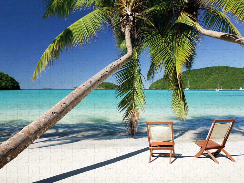 Empty Jigsaw Puzzle featuring the photograph Chairs Under Palm Trees At A Beach In by Cdwheatley