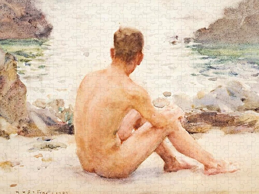 Henry Scott Tuke Jigsaw Puzzle featuring the painting Charlie Seated in the Sand by Henry Scott Tuke