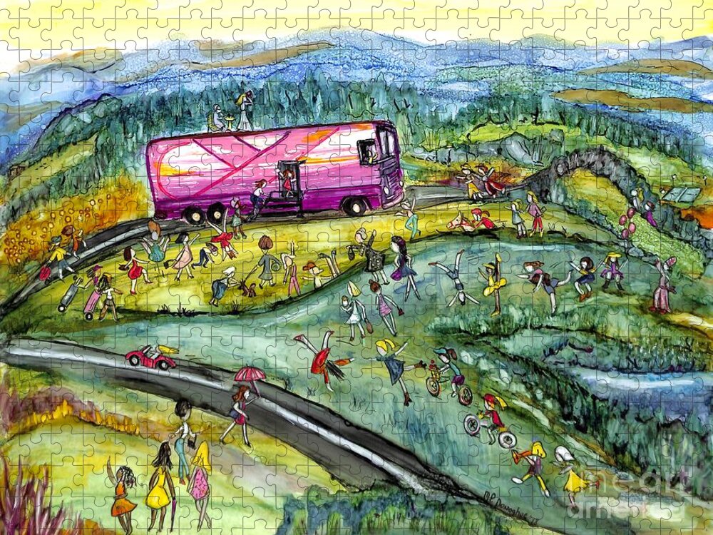 Pink Bus Jigsaw Puzzle featuring the painting Chasing the Pink Bus by Patty Donoghue