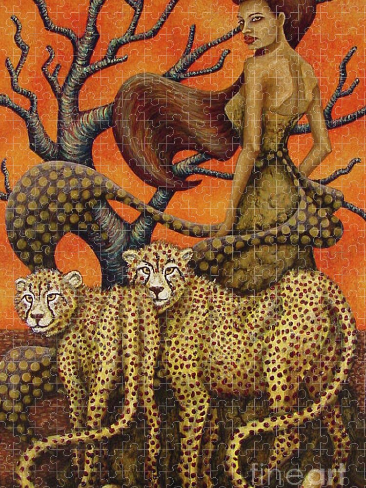 Cat Lady Jigsaw Puzzle featuring the painting Cheetah's Gaze by Amy E Fraser