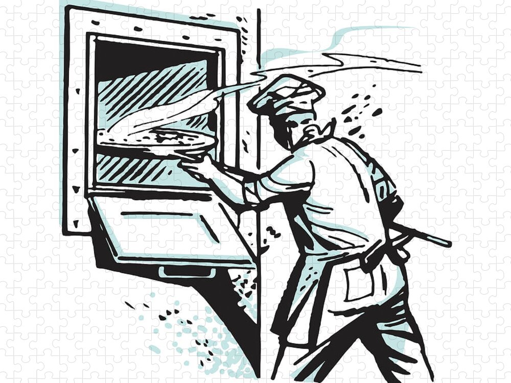 Accessories Jigsaw Puzzle featuring the drawing Chef Placing Pizza in Over by CSA Images