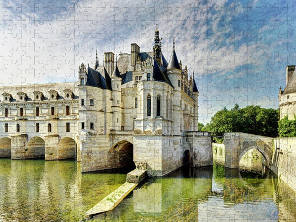 Chateau De Chenonceau Jigsaw Puzzle featuring the photograph Chenonceau from the North Bank - Vintage Version by Weston Westmoreland