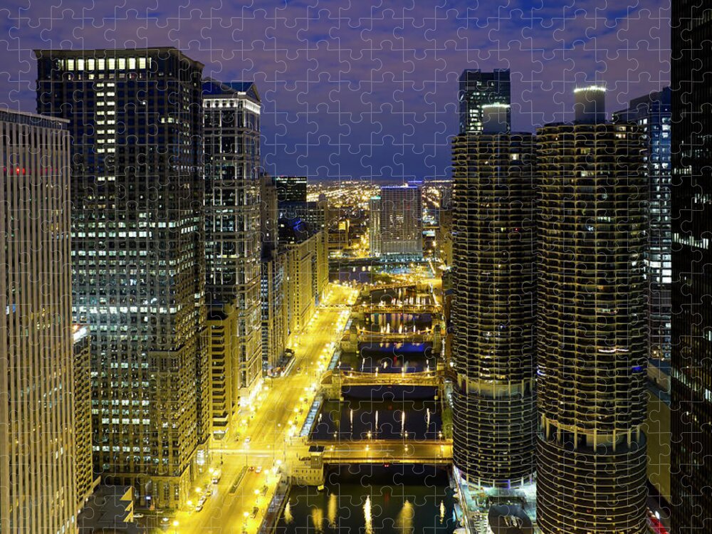 Drawbridge Jigsaw Puzzle featuring the photograph Chicago - Aerial View Of Downtown And by Chrisp0