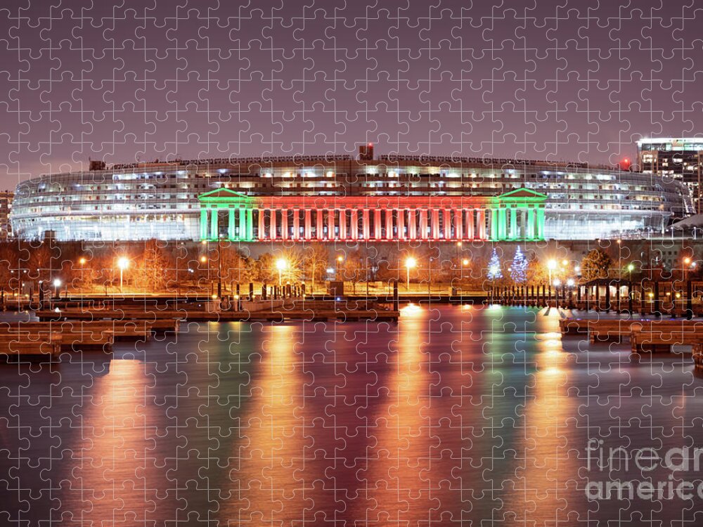 America Jigsaw Puzzle featuring the photograph Chicago Soldier Field Christmas Red and Green Lights Photo by Paul Velgos