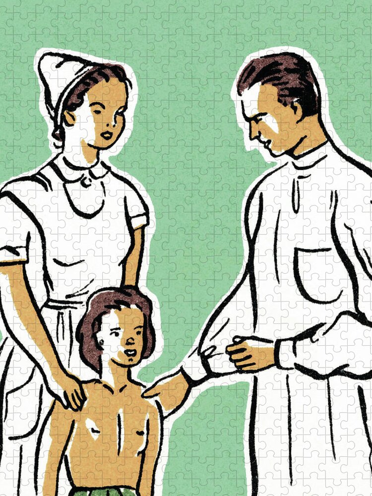 Adult Jigsaw Puzzle featuring the drawing Child with a Doctor and Nurse by CSA Images