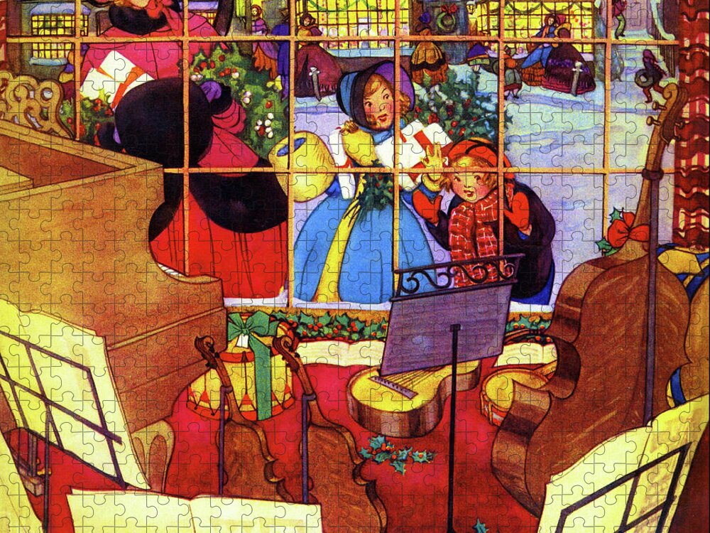 Etude Jigsaw Puzzle featuring the painting Children look in a music store window at Christmas by Ruth Collings Speers