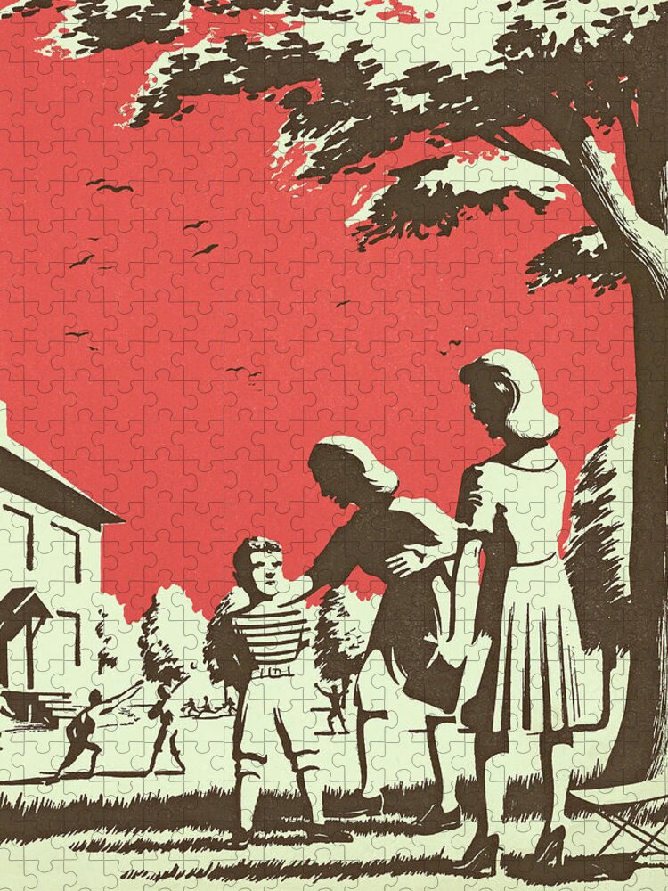 Boy Jigsaw Puzzle featuring the drawing Children Outside at School by CSA Images