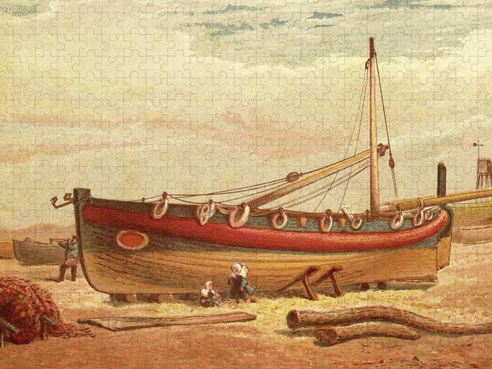 Children's Jigsaw Puzzle featuring the painting Children sit below a large drydocked boat on the beach by Kronheim & Dalziels