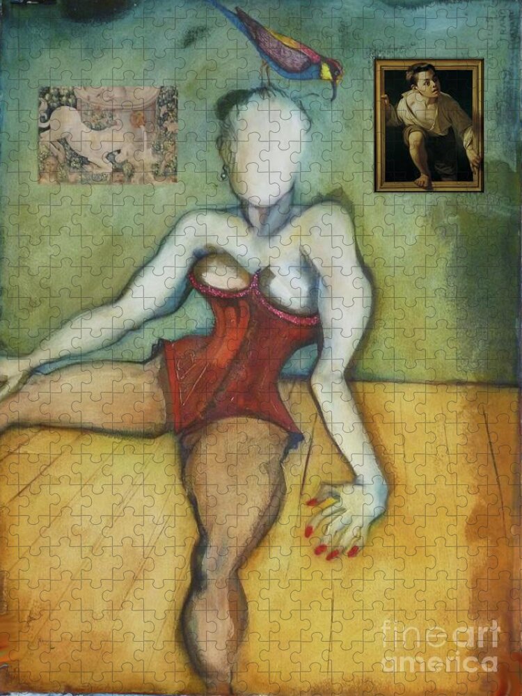 Burlesque Jigsaw Puzzle featuring the painting Chin Chin With an Imaginary Bird on Her Head by Carolyn Weltman