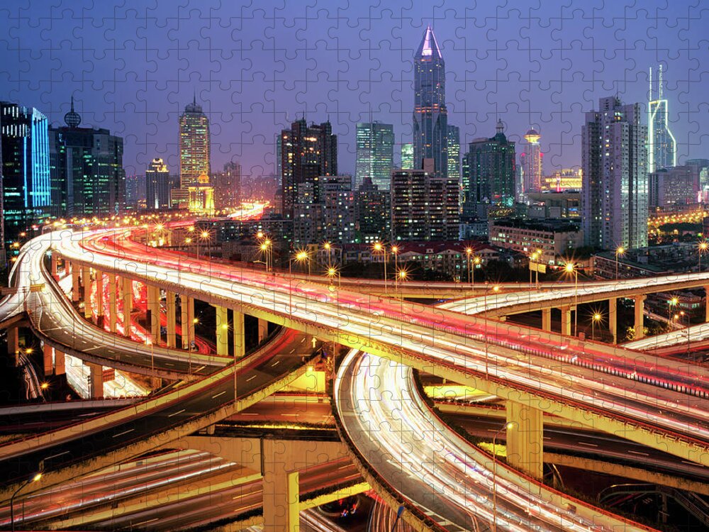 Downtown District Jigsaw Puzzle featuring the photograph China,shanghai, Road Intersection At by Martin Puddy