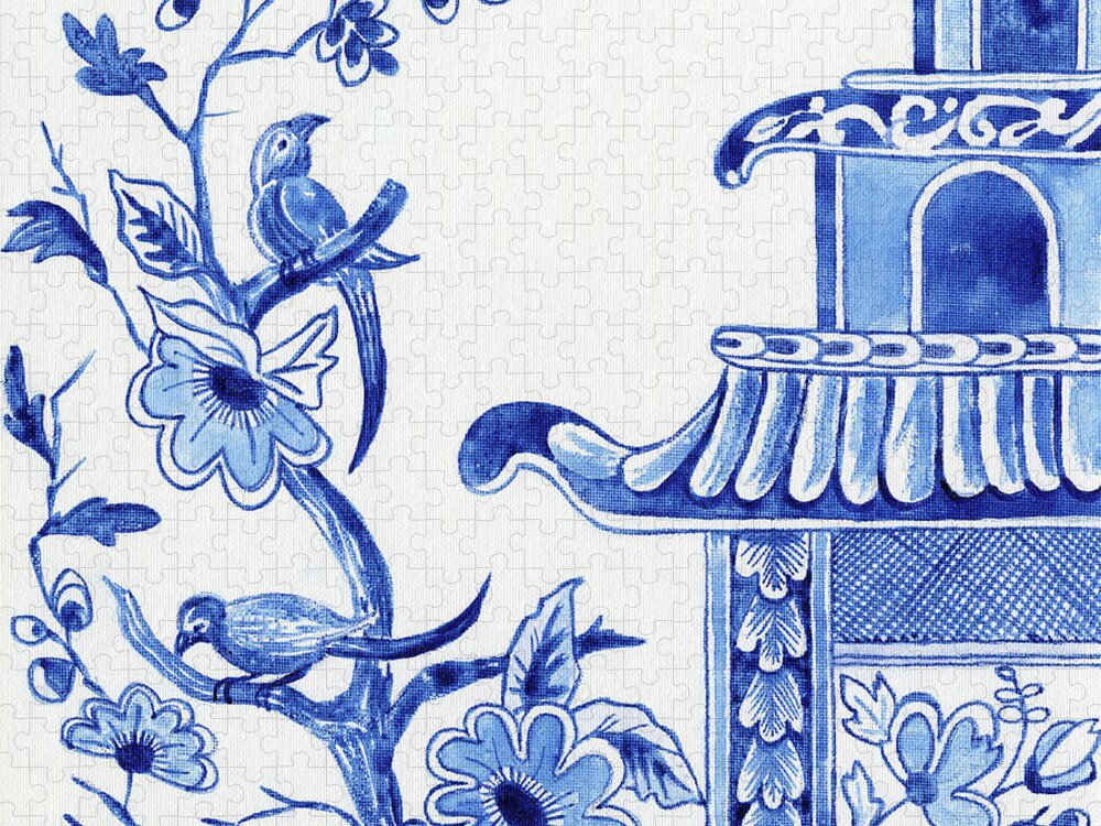 Chinoiserie Jigsaw Puzzle featuring the painting Chinoiserie Blue and White Birds in Flowering Tree and Pagoda by Audrey Jeanne Roberts