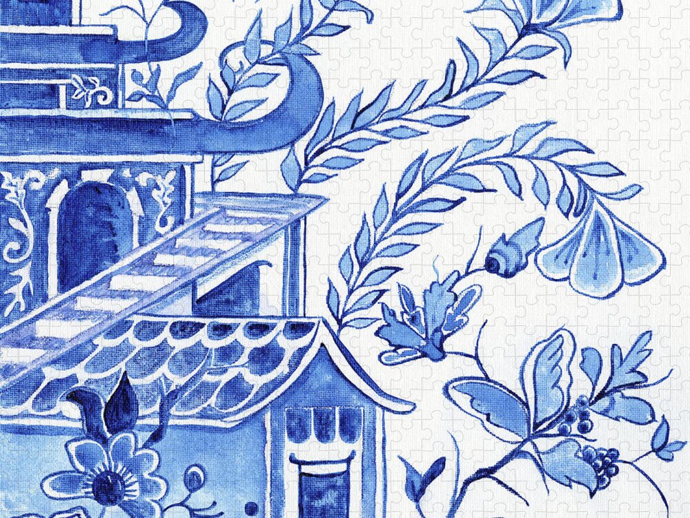 Chinoiserie Jigsaw Puzzle featuring the painting Chinoiserie Blue and White Pagoda Floral 1 by Audrey Jeanne Roberts