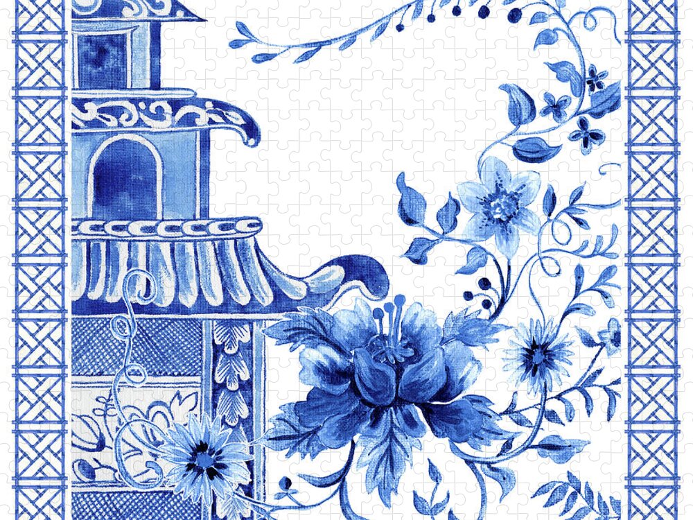 Chinese Jigsaw Puzzle featuring the painting Chinoiserie Blue and White Pagoda with Stylized Flowers and Chinese Chippendale Border by Audrey Jeanne Roberts