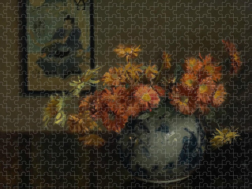 19th Century Art Jigsaw Puzzle featuring the painting Chrysanthemums, A Japanese Arrangement by Mary Hiester Reid