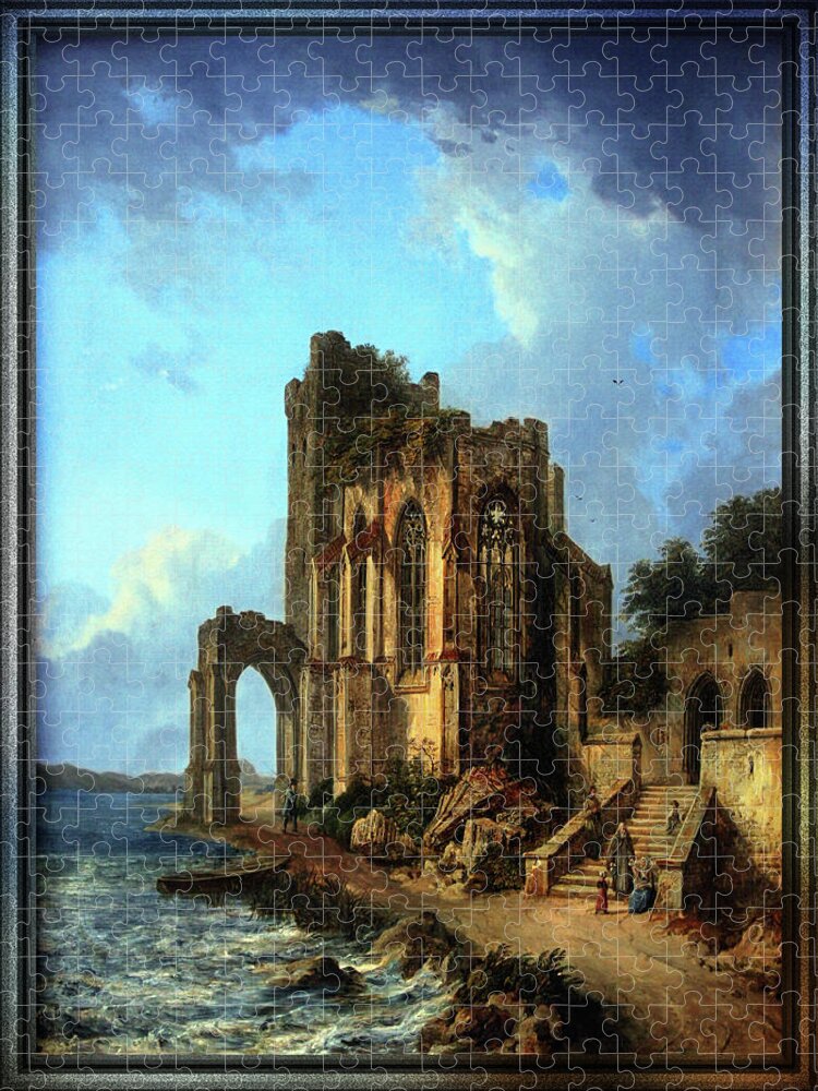 Church Ruins By The Sea Jigsaw Puzzle featuring the painting Church Ruins By The Sea by Domenico Quaglio the Younger by Xzendor7