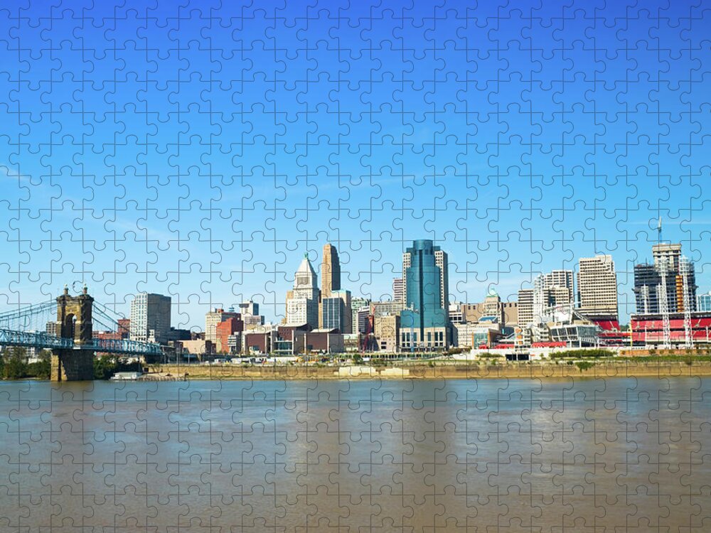 Great American Ball Park Jigsaw Puzzle featuring the photograph Cincinnati Skyline, River, Bridge, And by Davel5957