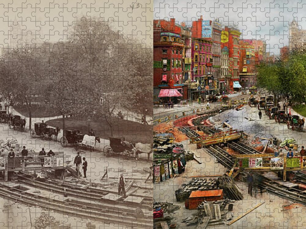 Union Sq Jigsaw Puzzle featuring the photograph City - New York - Laying the track 1891 - Side by Side by Mike Savad
