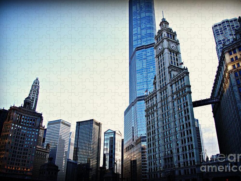 Urban Landscape Jigsaw Puzzle featuring the photograph City of Chicago - Skyscrapers at Golden Hour Sunset by Frank J Casella