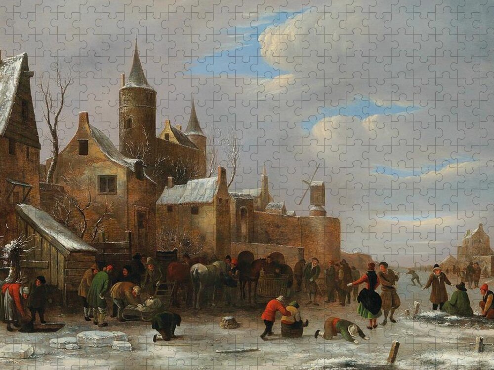 Winter Jigsaw Puzzle featuring the painting Claes Molenaer Haarlem circa 1630 1676 A merry company on a frozen river by Celestial Images