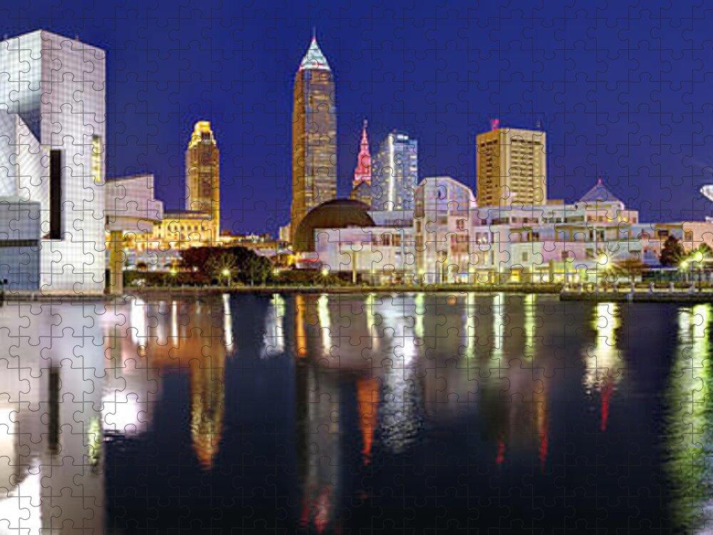 Cleveland Skyline Jigsaw Puzzle featuring the photograph Cleveland Skyline at Dusk Rock Roll Hall Fame by Jon Holiday