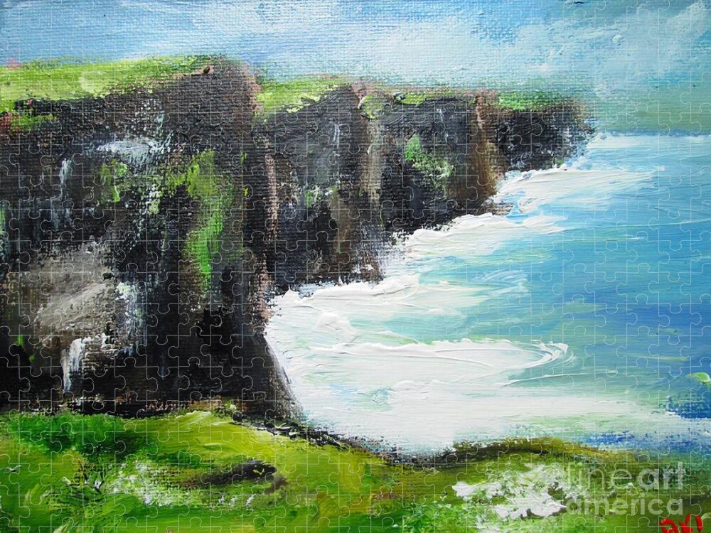 Cliffs Of Moher Jigsaw Puzzle featuring the painting Painting Of Cliffs Of Moher Painting by Mary Cahalan Lee - aka PIXI
