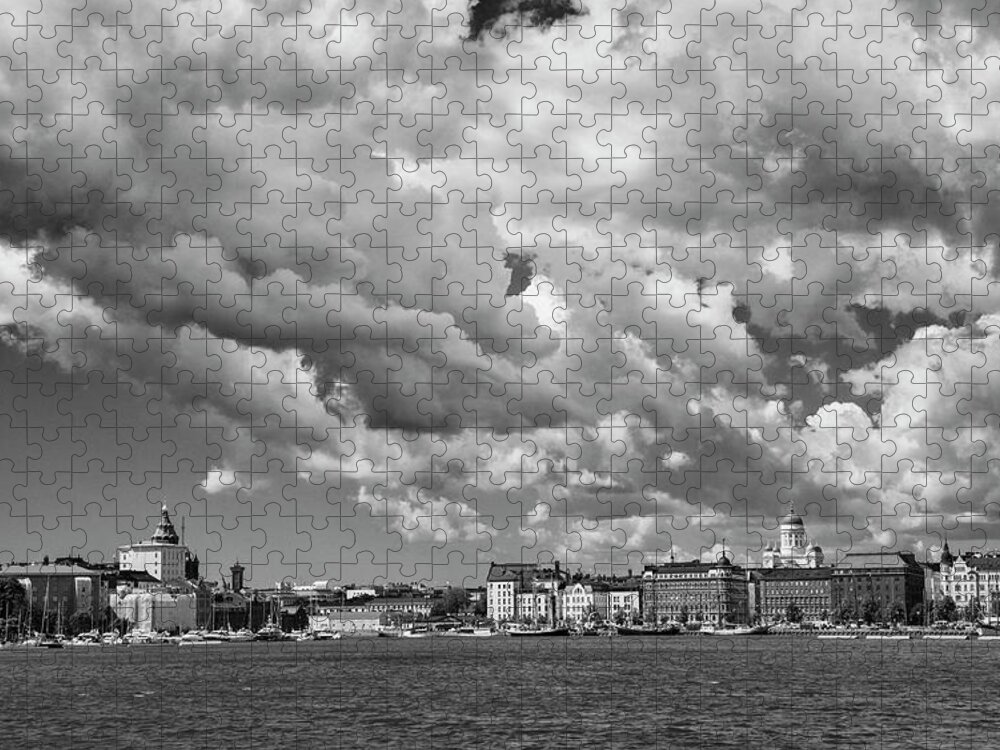 Helsinki; Finland; Clouds; Europe; Scandinavia; Baltic; Baltic Sea; Black And White; Black White Jigsaw Puzzle featuring the photograph Clouds over Helsinki by Mick Burkey
