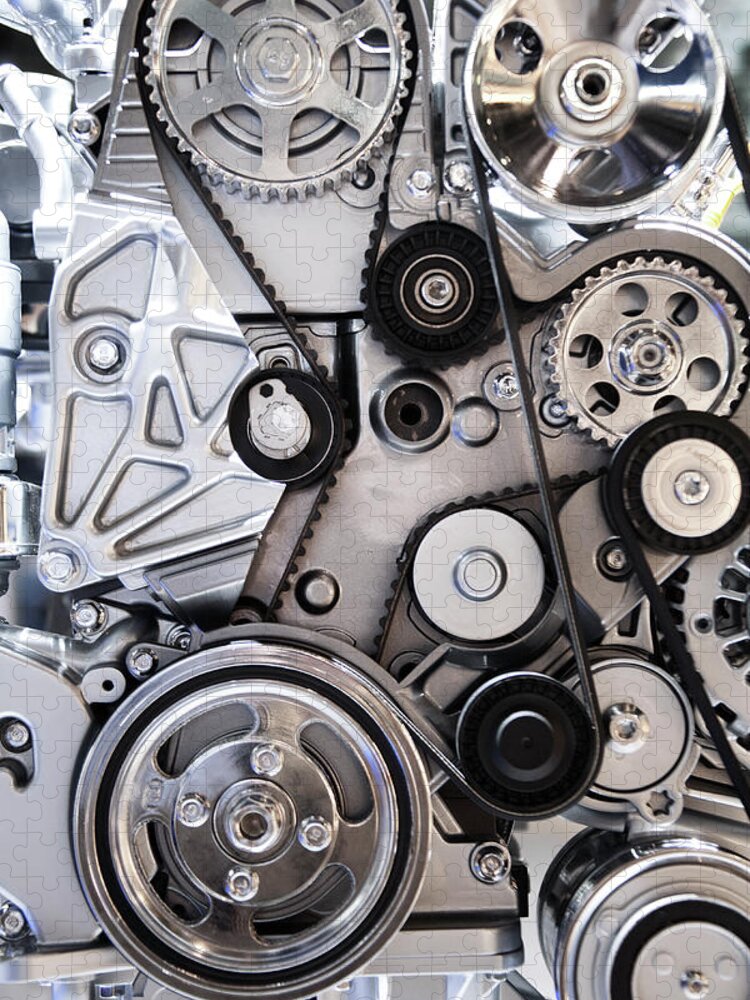Engine Jigsaw Puzzle featuring the photograph Cogwheels And Drive Belts Of Motor Car by Andrew Holt