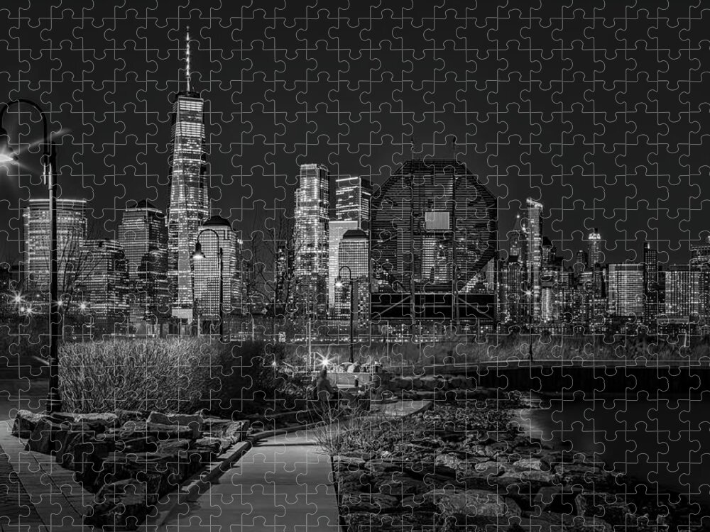 New York City Skyline Jigsaw Puzzle featuring the photograph Colgate Clock and NYC Skyline Twilight BW by Susan Candelario